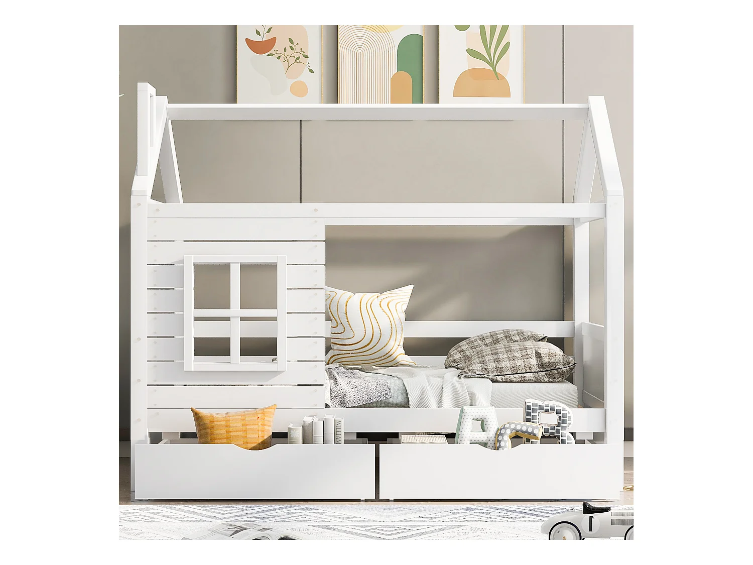 Lit cabane enfant 90×200 cm avec barrière de sécurité, structure en bois massif, fenêtres et sommier, blanc