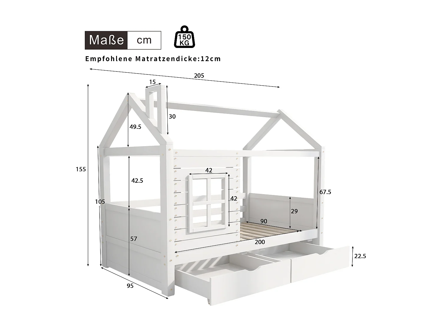 Lit cabane enfant 90×200 cm avec barrière de sécurité, structure en bois massif, fenêtres et sommier, blanc