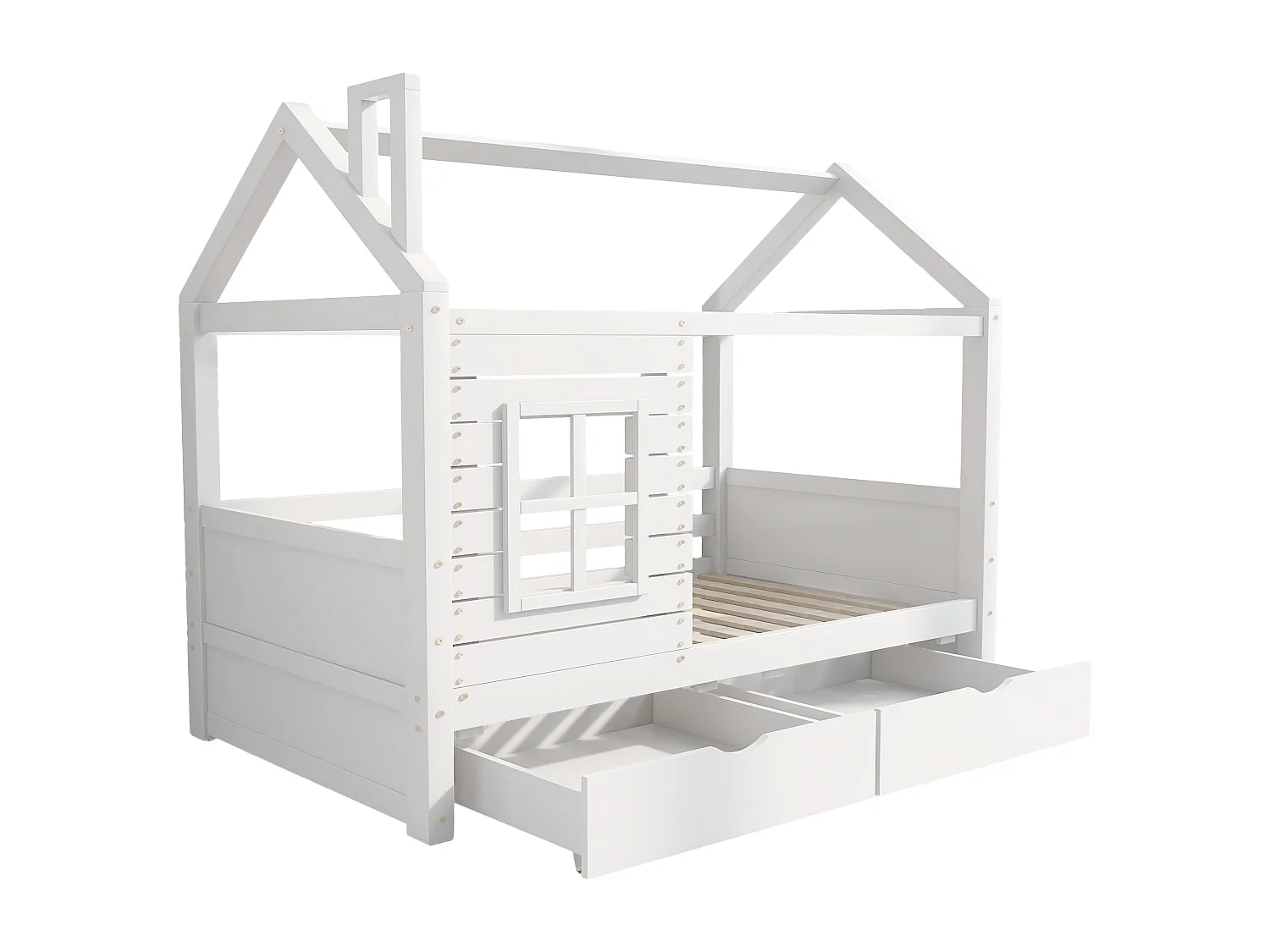 Lit cabane enfant 90×200 cm avec barrière de sécurité, structure en bois massif, fenêtres et sommier, blanc