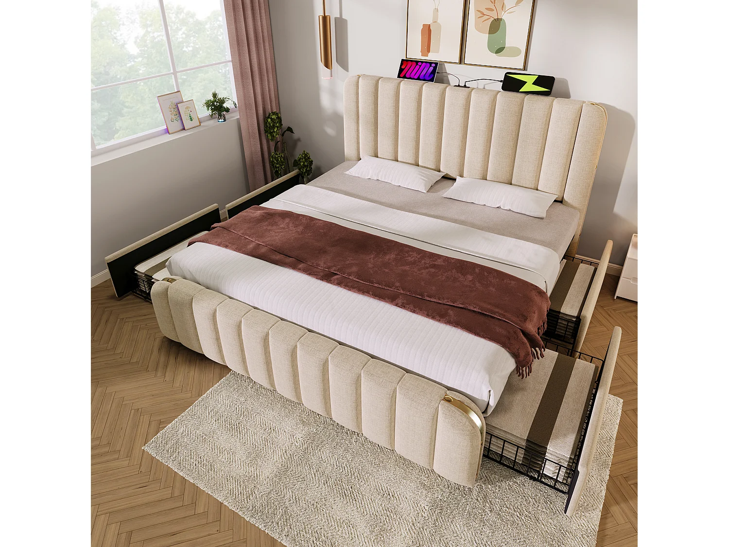Lit tapissé 180x200 cm double, tête avec liseré doré, USB-C, 4 tiroirs, tissu lin beige, charge 226 kg (Avec matelas)