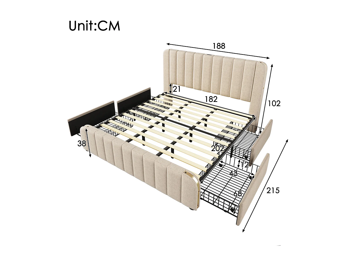 Lit tapissé 180x200 cm double, tête avec liseré doré, USB-C, 4 tiroirs, tissu lin beige, charge 226 kg (Avec matelas)