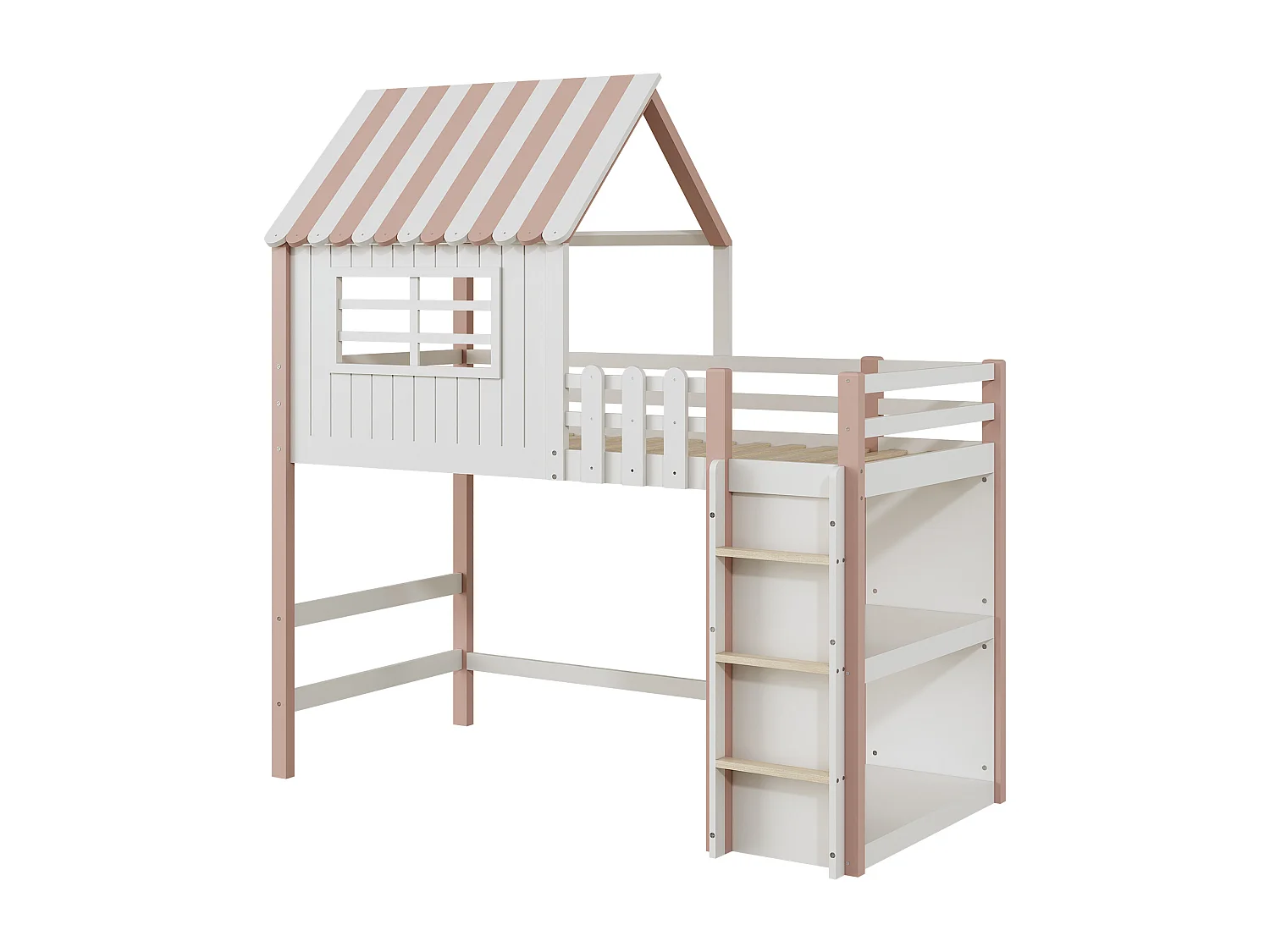 Lit mezzanine 90x200 cm, haut et bas, pour garçon et fille, toit, échelle de sécurité, rangement intégré, multifonction, rose