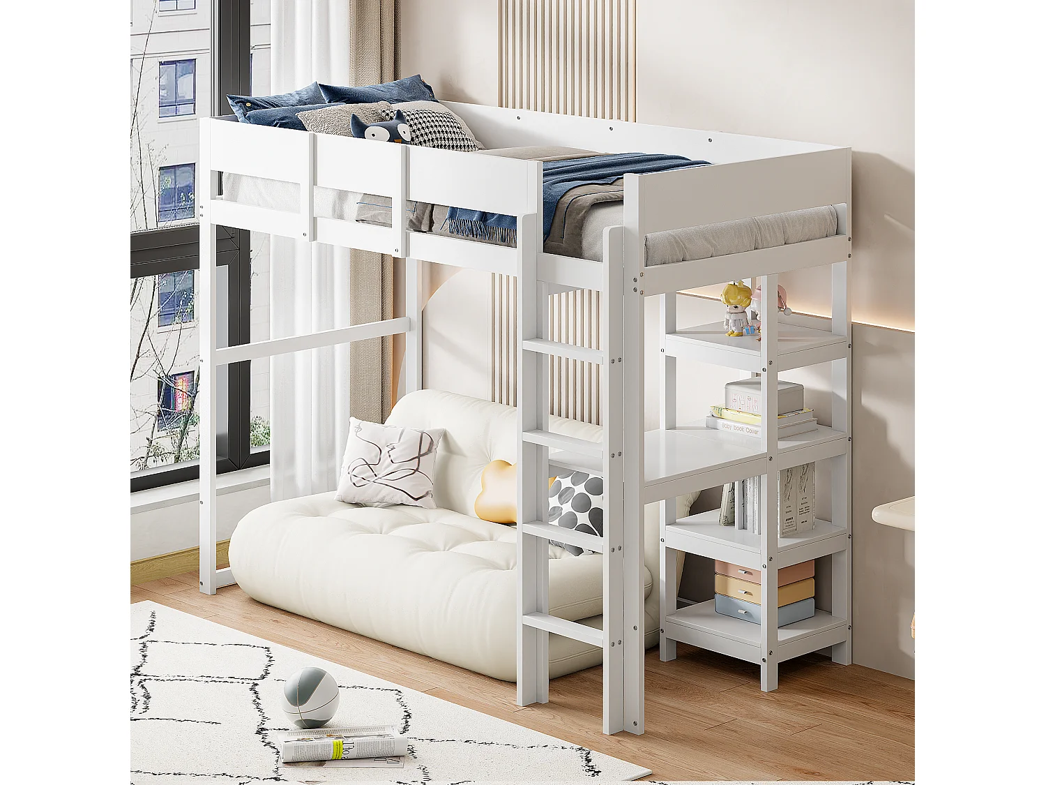 Lit mezzanine 90x200 cm en pin massif blanc avec étagère intégrée et sommier à lattes, lit enfant