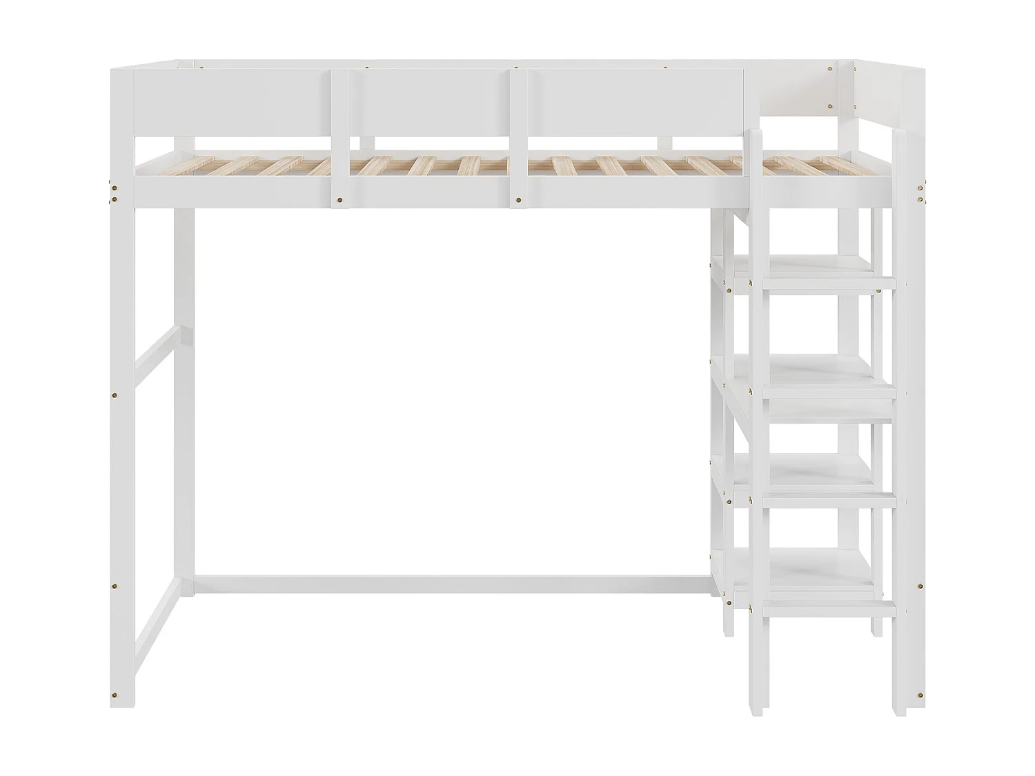 Lit mezzanine 90x200 cm en pin massif blanc avec étagère intégrée et sommier à lattes, lit enfant