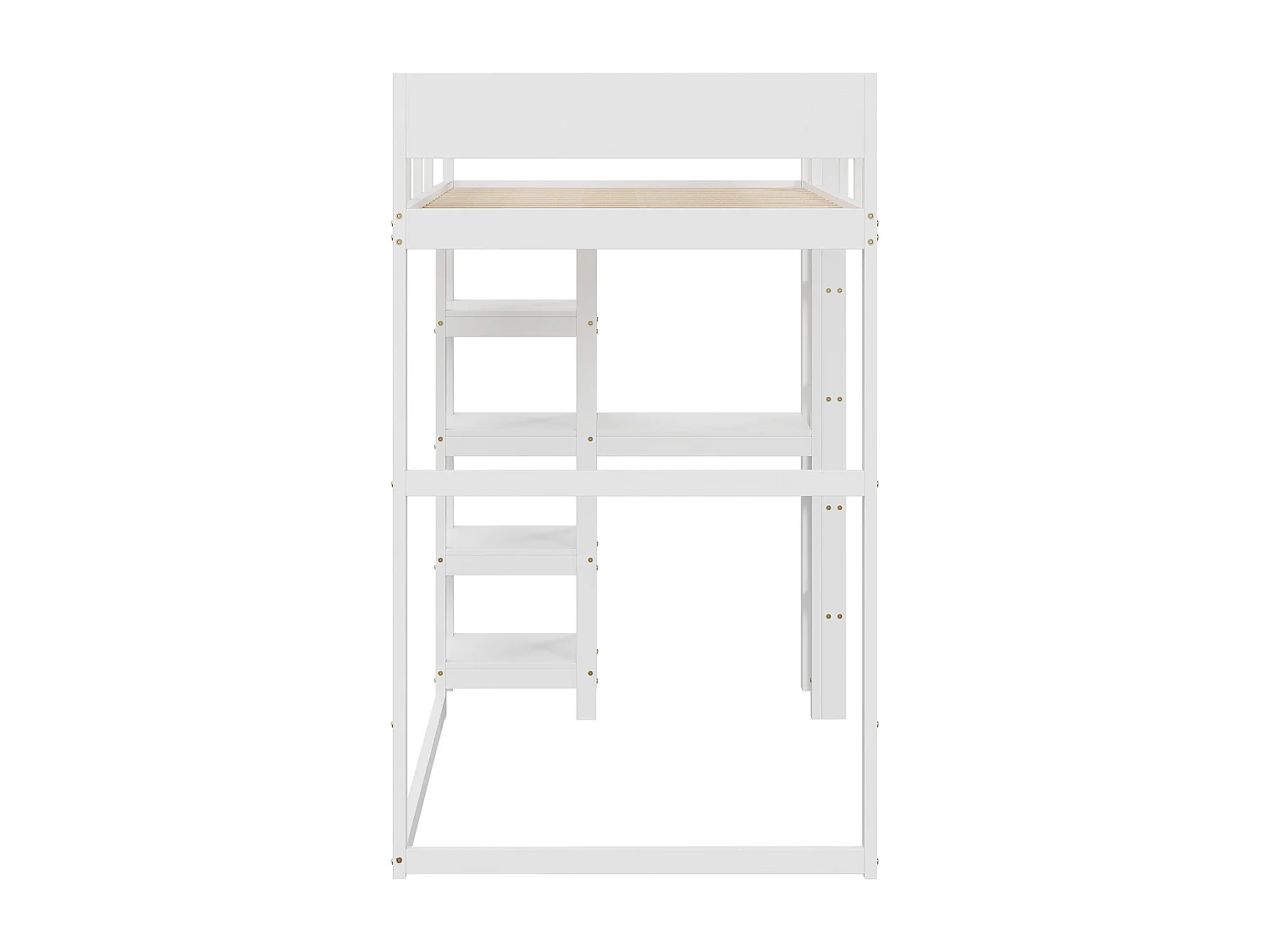 Lit mezzanine 90x200 cm en pin massif blanc avec étagère intégrée et sommier à lattes, lit enfant
