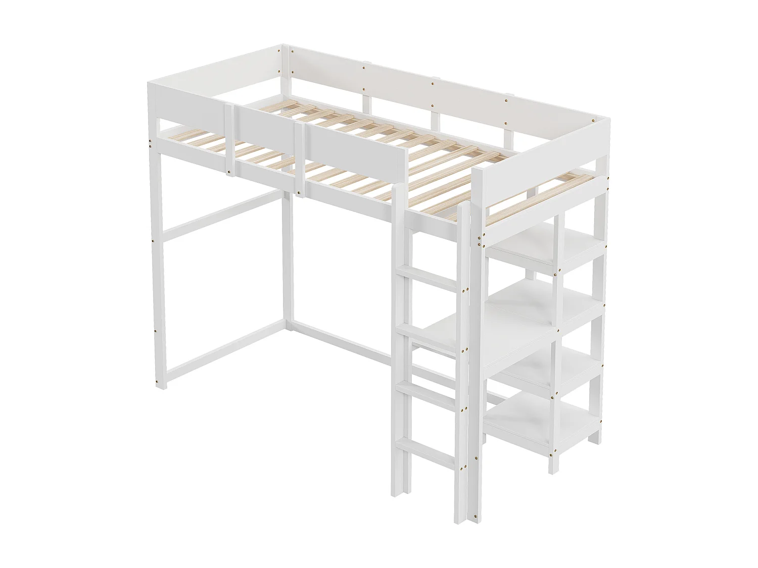 Lit mezzanine 90x200 cm en pin massif blanc avec étagère intégrée et sommier à lattes, lit enfant