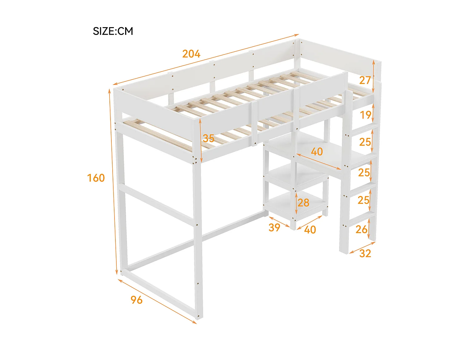 Lit mezzanine 90x200 cm en pin massif blanc avec étagère intégrée et sommier à lattes, lit enfant