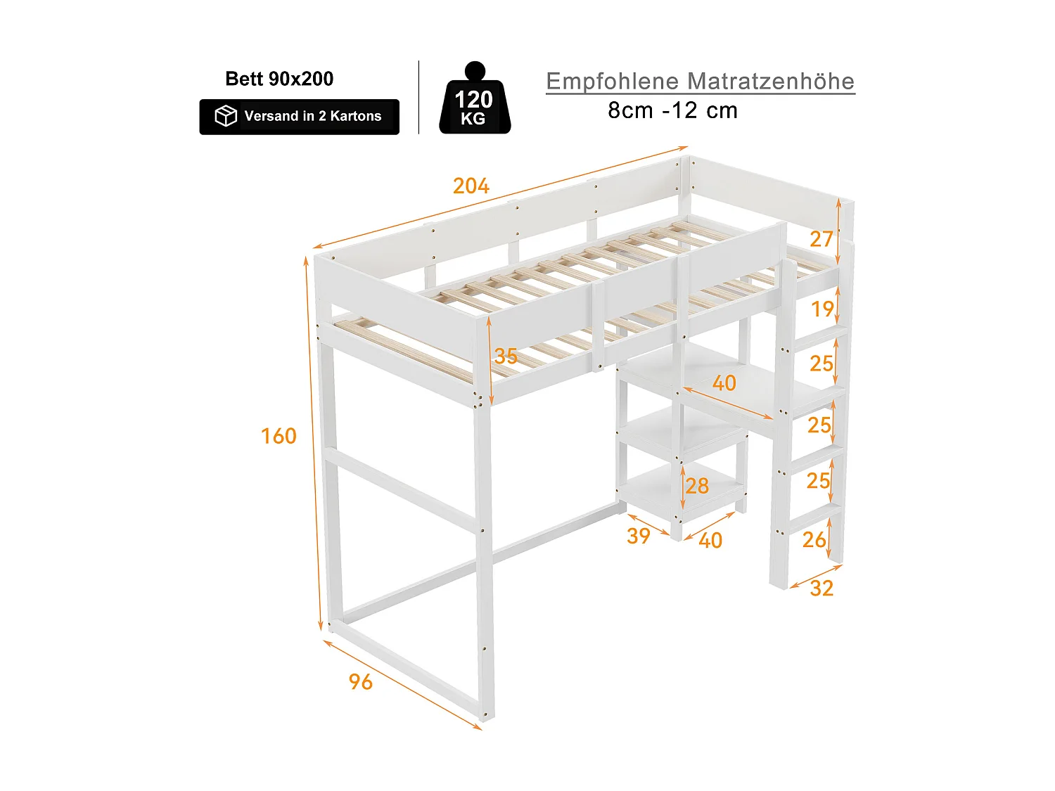 Lit mezzanine 90x200 cm en pin massif blanc avec étagère intégrée et sommier à lattes, lit enfant