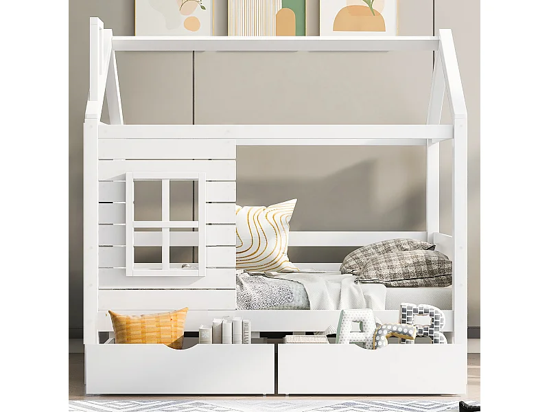 Lit cabane enfant 80×160 cm avec barrière de sécurité, fenêtres décoratives et sommier, bois blanc
