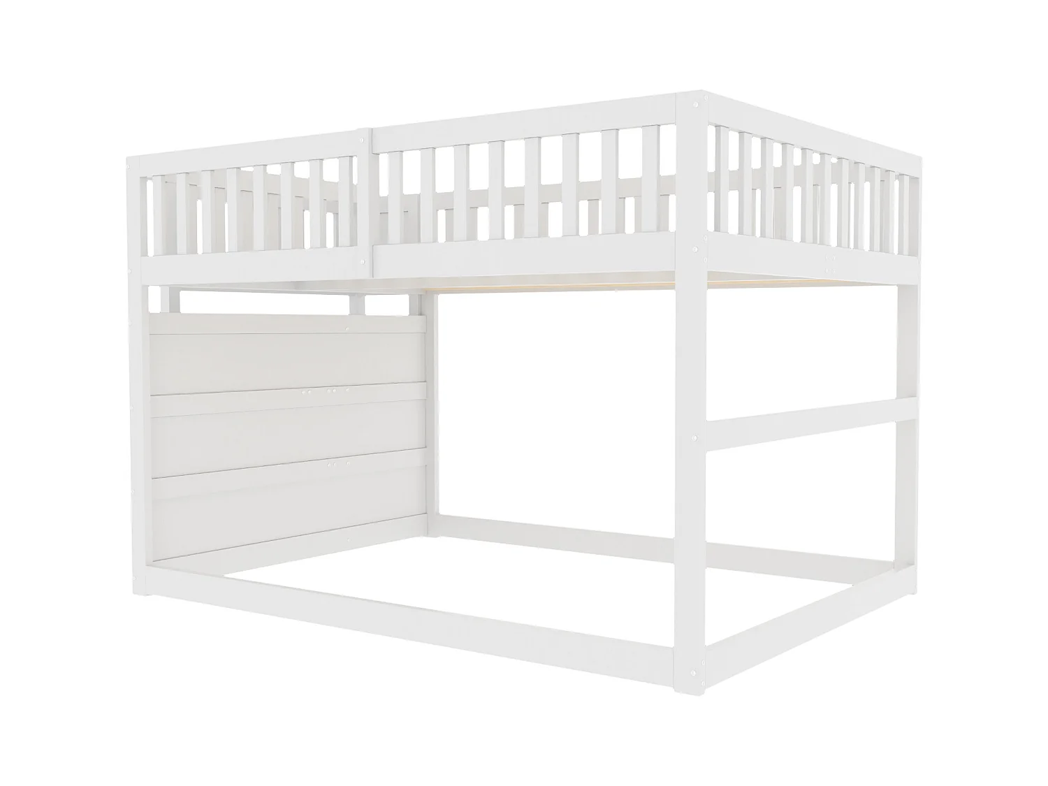 Lit superposé bas 140x200 cm blanc, avec espace de rangement et barrière haute, lit sécurisé en bois
