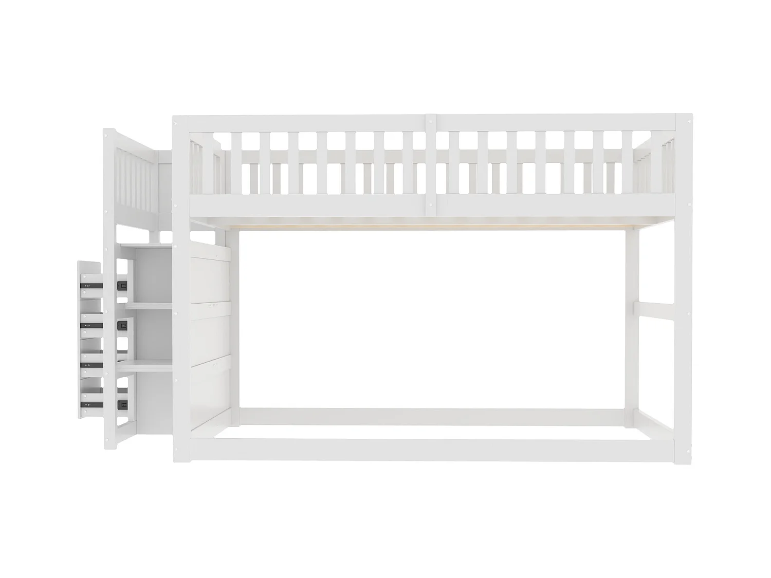 Lit superposé bas 140x200 cm blanc, avec espace de rangement et barrière haute, lit sécurisé en bois