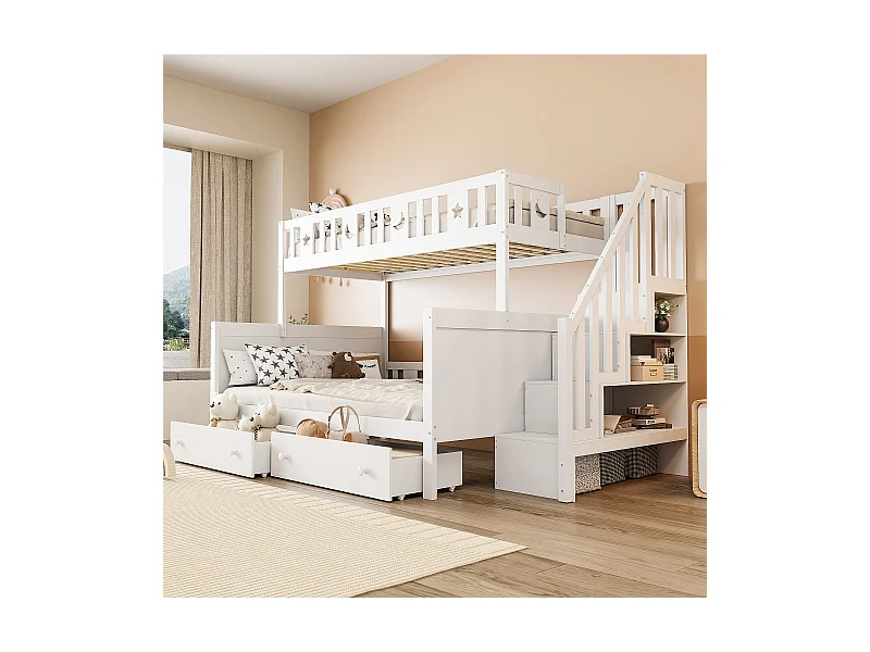 Lit superposé 90x200/140x200 cm blanc, cadre en bois massif, avec deux tiroirs et escalier sécurisé
