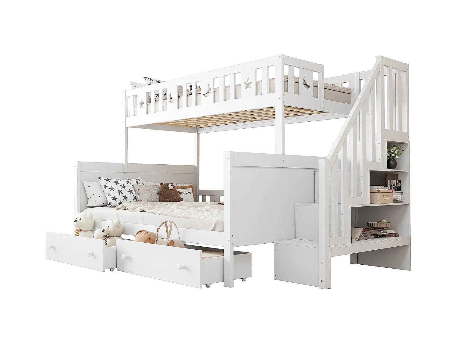 Lit superposé 90x200/140x200 cm blanc, cadre en bois massif, avec deux tiroirs et escalier sécurisé