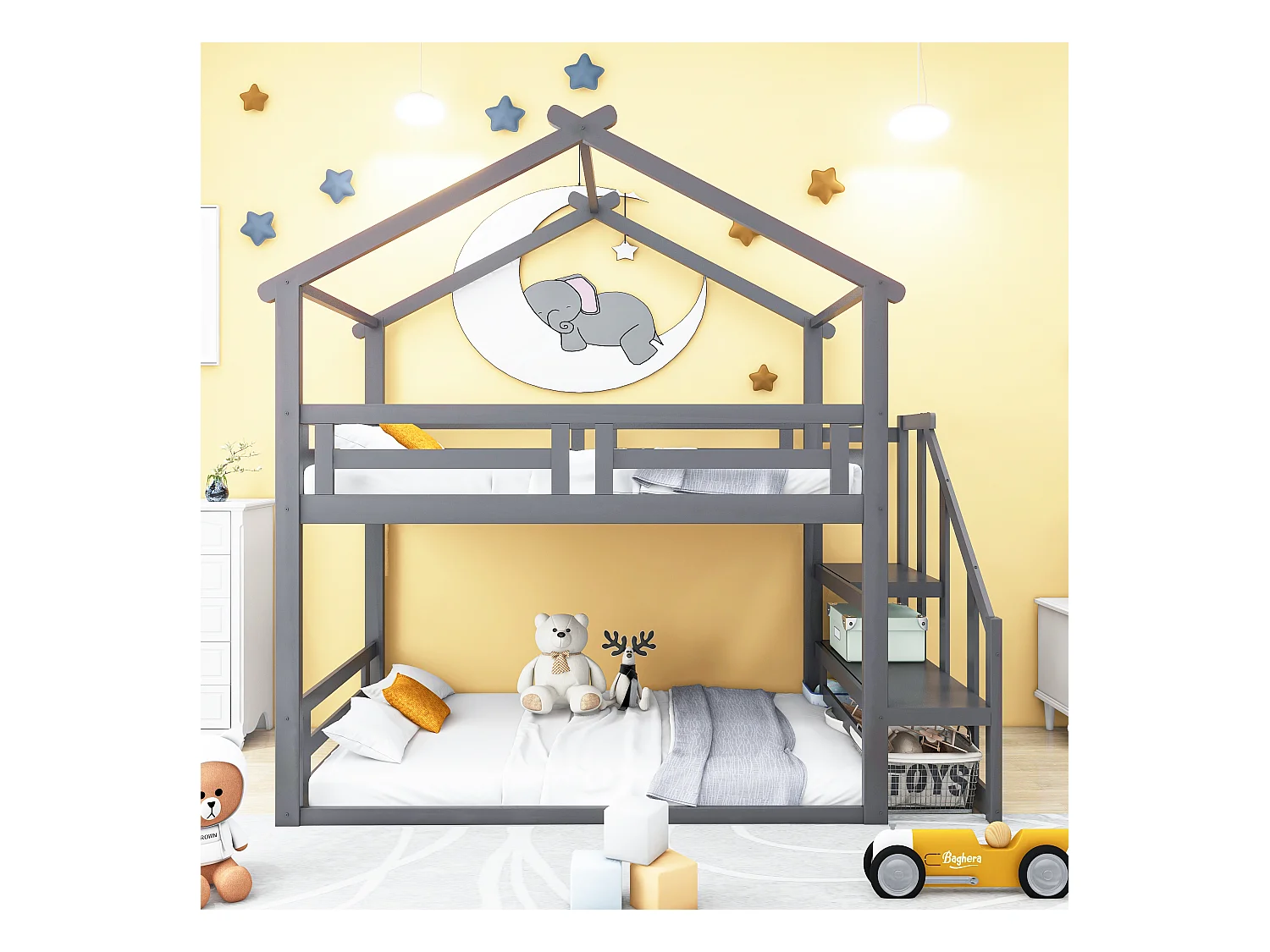 Lit superposé bas 90x200 cm gris, en bois massif, avec échelle de sécurité et sommier à lattes