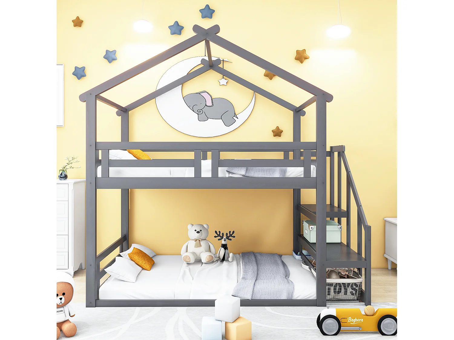 Lit superposé bas 90x200 cm gris, en bois massif, avec échelle de sécurité et sommier à lattes