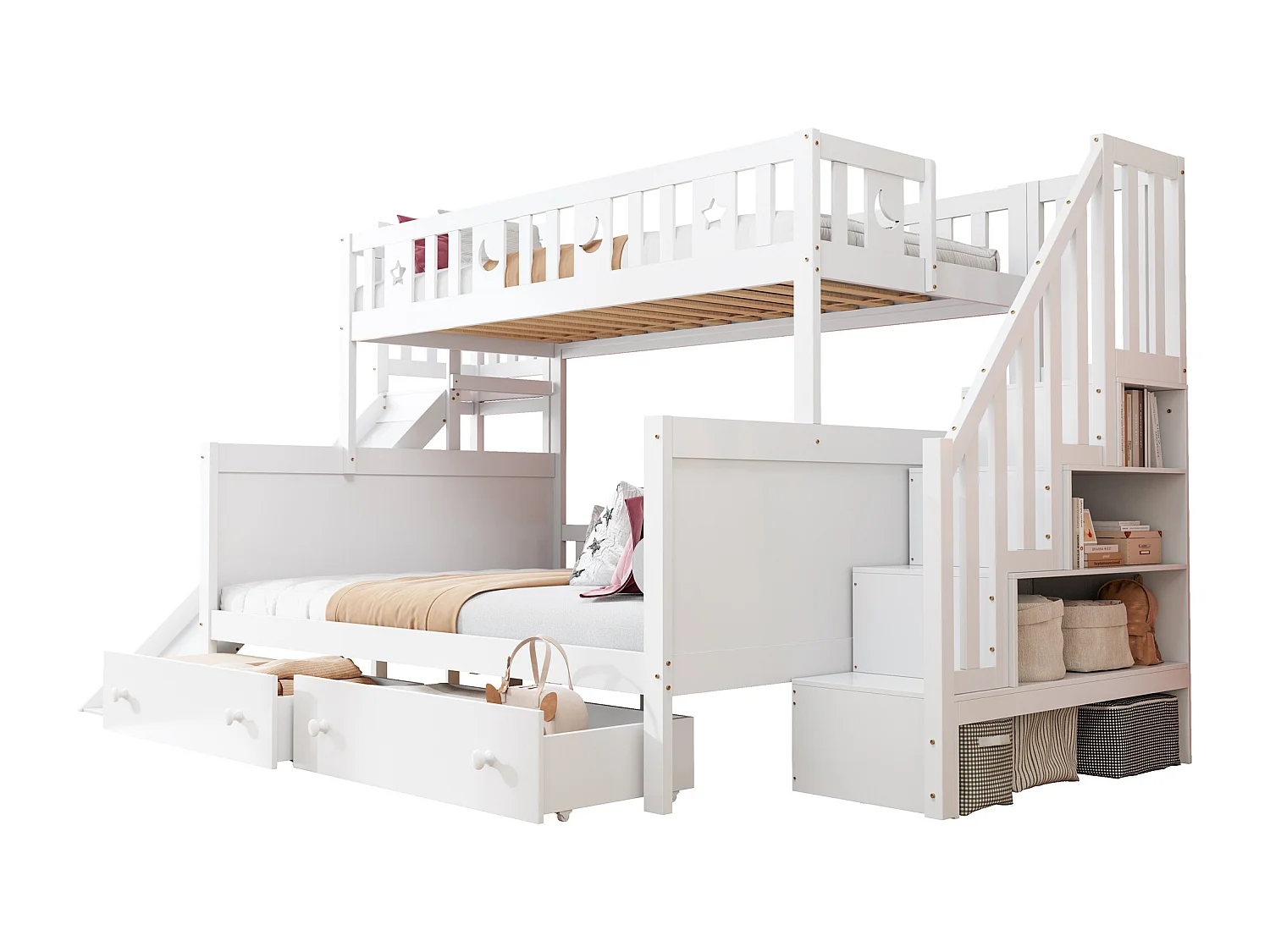 Lit superposé 90x200/140x200 cm blanc, en bois massif, avec toboggan, étagères et échelle sécurisée