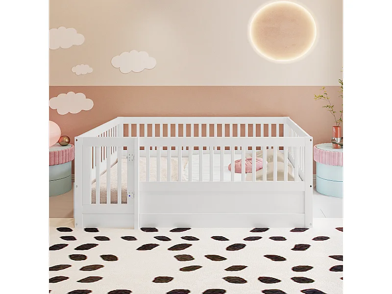 Lit enfant 140x200 cm en bois avec barrière et porte, simple et pratique, blanc