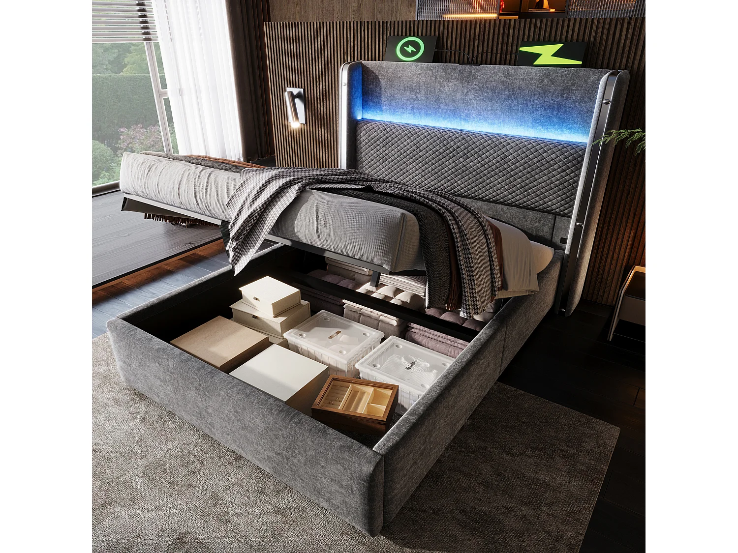 Lit à rangement hydraulique 90x200 cm avec tête haute, LED, USB/Type-C, tissu lin gris (Avec matelas)