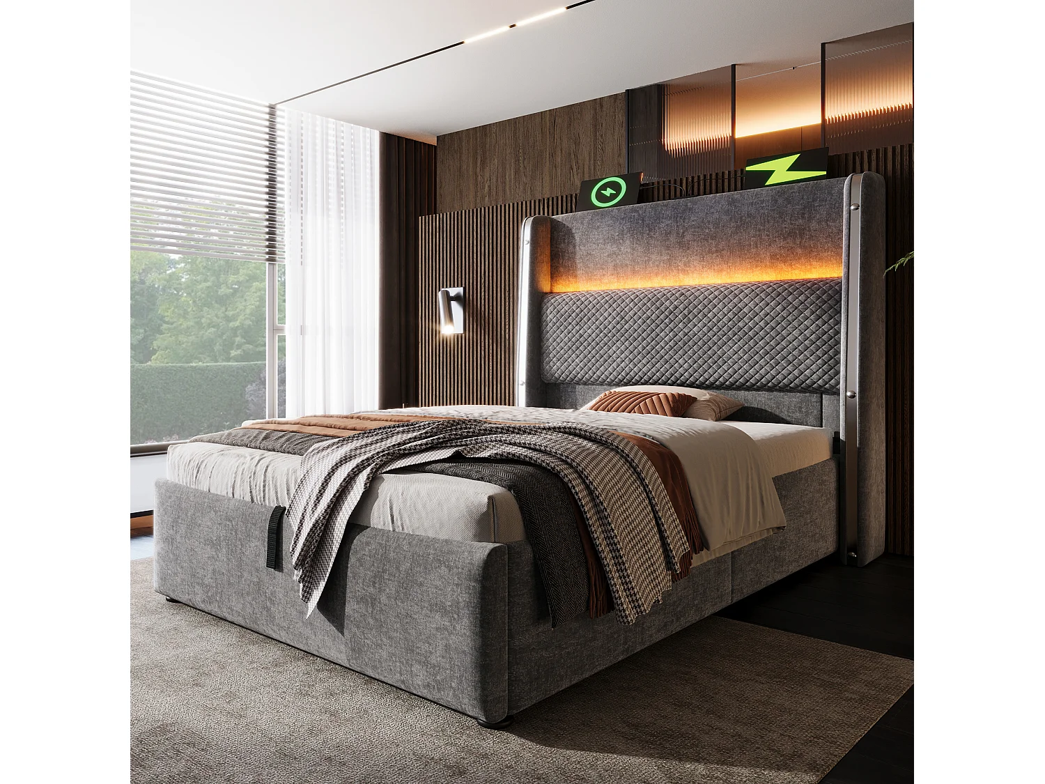 Lit à rangement hydraulique 90x200 cm avec tête haute, LED, USB/Type-C, tissu lin gris (Avec matelas)