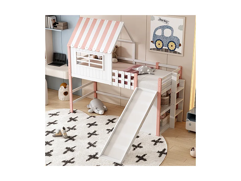 Lit mezzanine 90x200 cm, design loft, échelle et toboggan de sécurité, étagères multiples, lit simple, bois massif, rose
