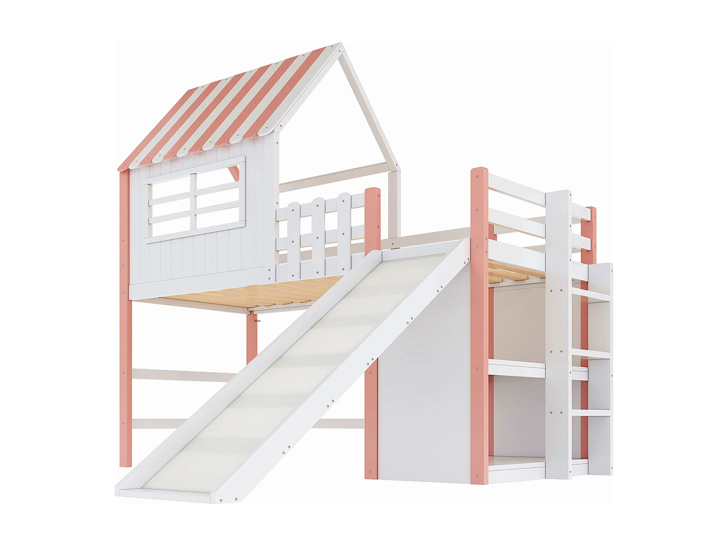 Lit mezzanine 90x200 cm, design loft, échelle et toboggan de sécurité, étagères multiples, lit simple, bois massif, rose