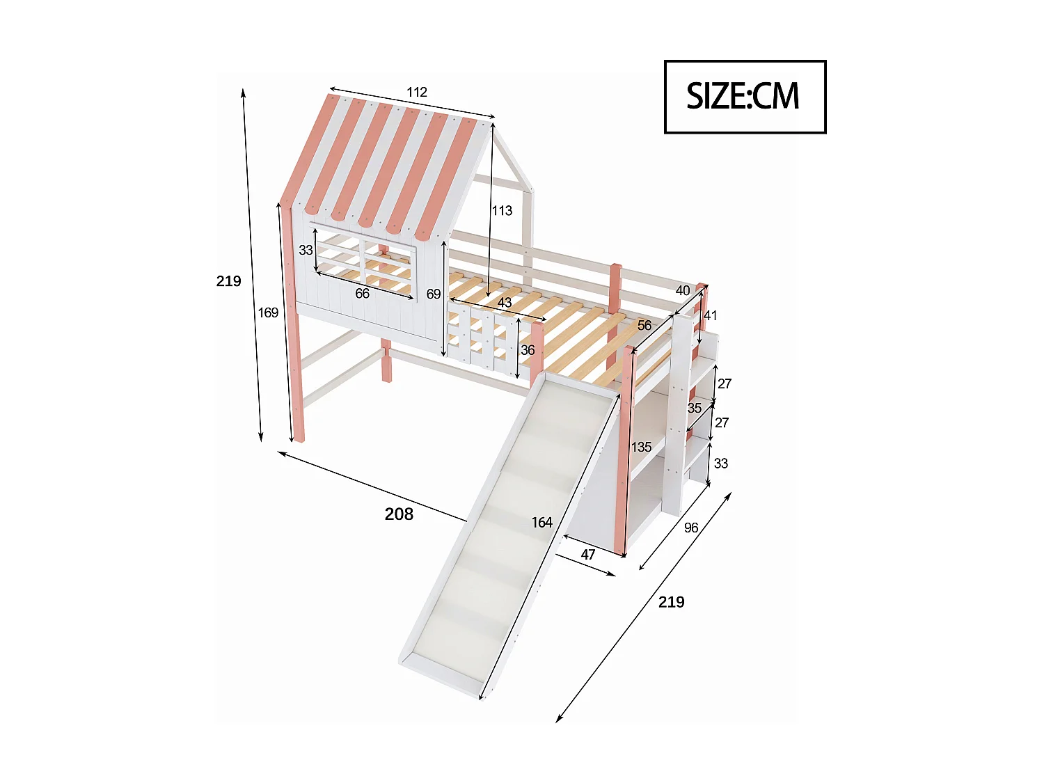 Lit mezzanine 90x200 cm, design loft, échelle et toboggan de sécurité, étagères multiples, lit simple, bois massif, rose