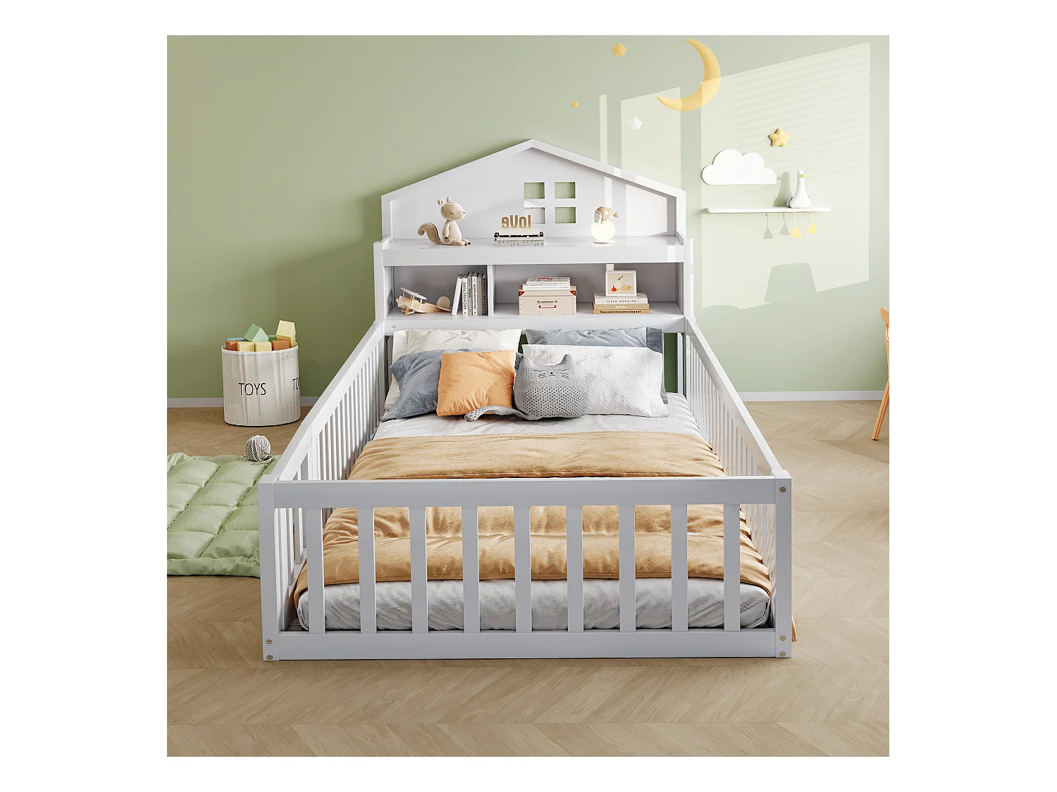 Lit enfant 90x200 cm en bois massif, structure maison avec étagères, rangement, barrière et porte, blanc