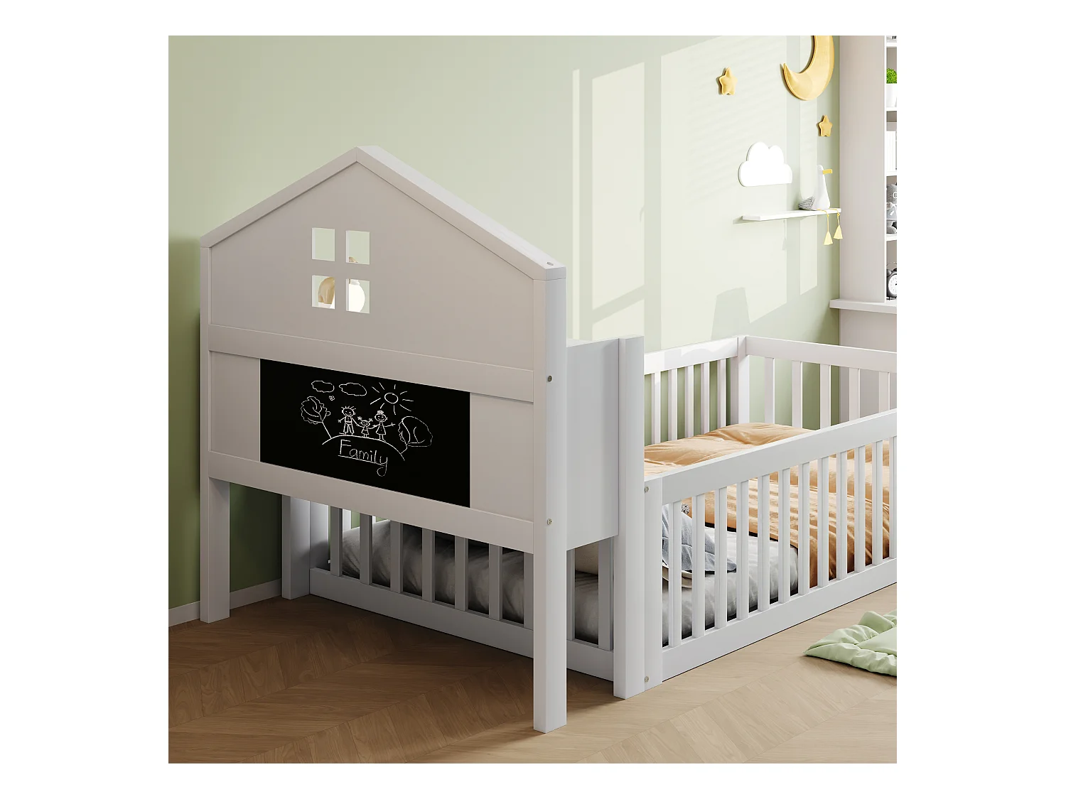 Lit enfant 90x200 cm en bois massif, structure maison avec étagères, rangement, barrière et porte, blanc