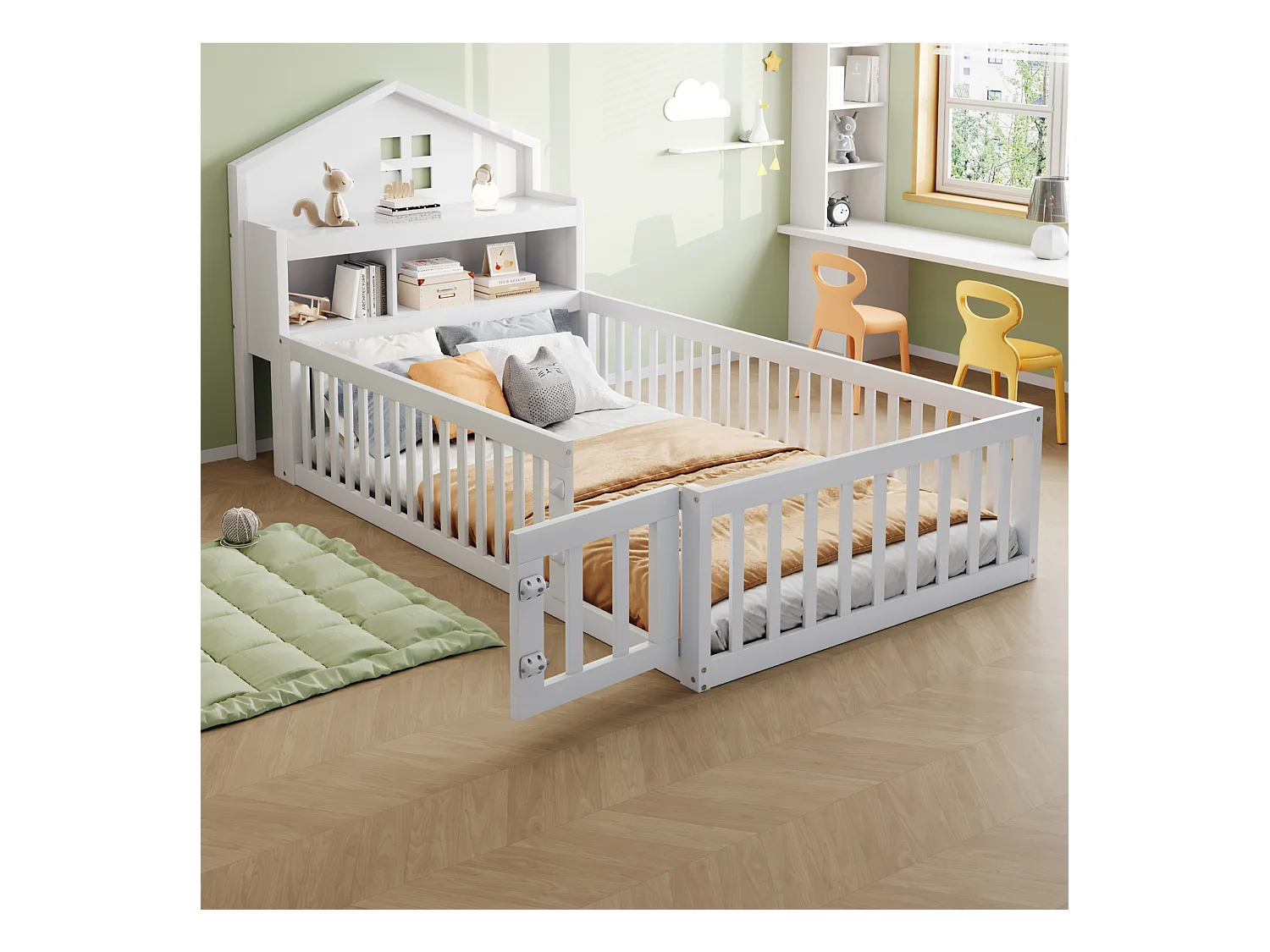 Lit enfant 90x200 cm en bois massif, structure maison avec étagères, rangement, barrière et porte, blanc