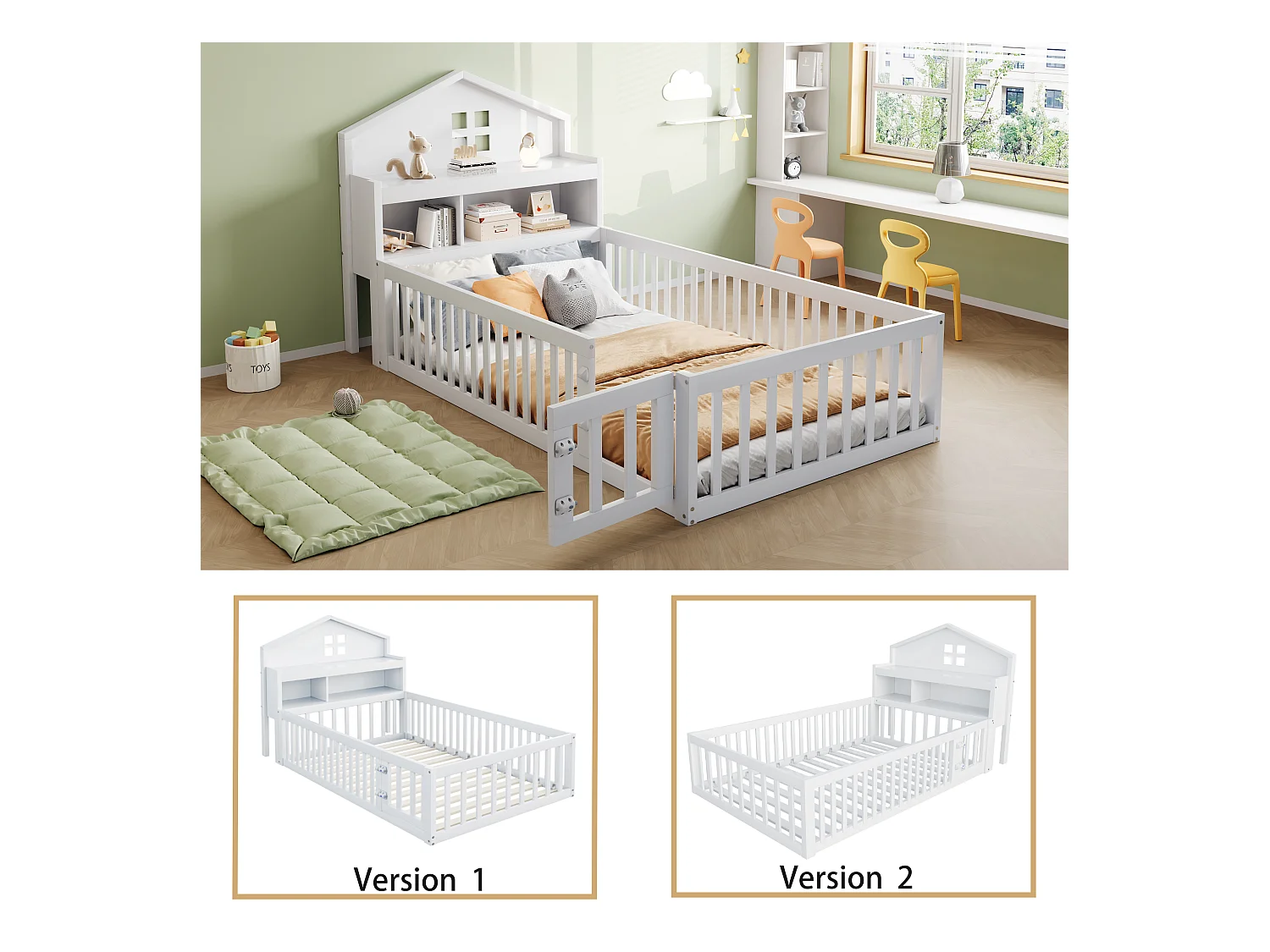 Lit enfant 90x200 cm en bois massif, structure maison avec étagères, rangement, barrière et porte, blanc