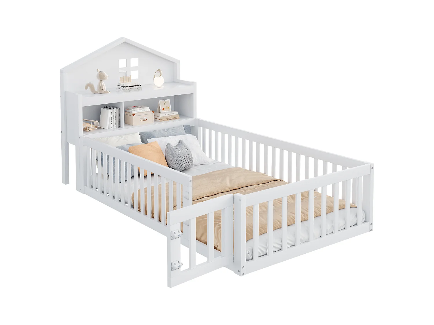 Lit enfant 90x200 cm en bois massif, structure maison avec étagères, rangement, barrière et porte, blanc
