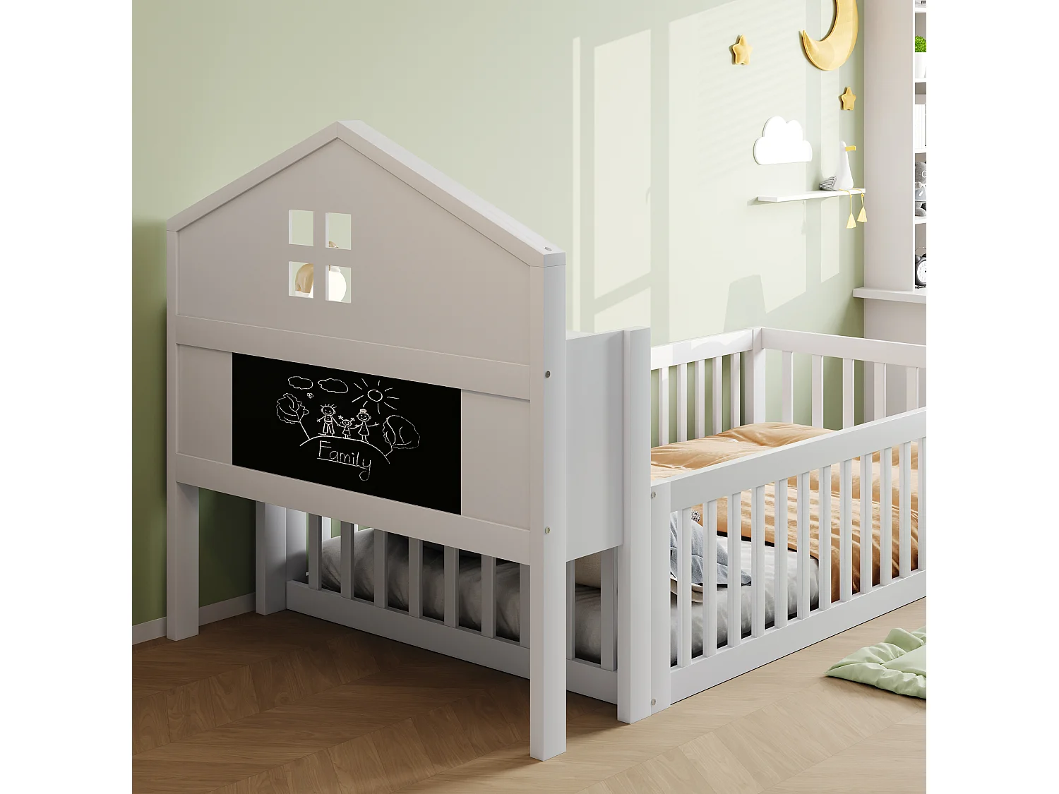 Lit enfant 90x200 cm en bois massif, structure maison avec étagères, rangement, barrière et porte, blanc
