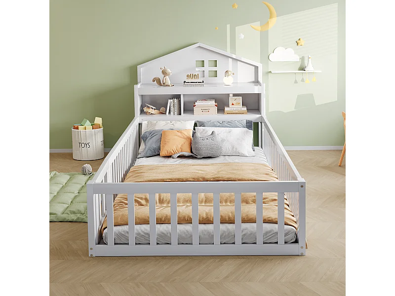 Lit enfant 90x200 cm en bois massif, structure maison avec étagères, rangement, barrière et porte, blanc