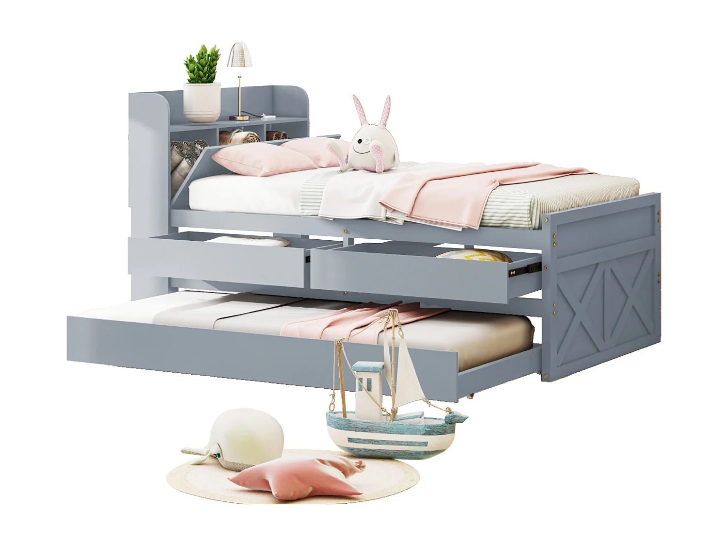 Lit simple en pin massif 90x190 cm avec tiroir coulissant, sommier à lattes et table de nuit USB, gris