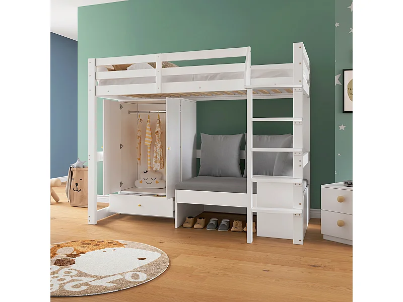 Lit mezzanine enfant 90×200 cm blanc, bois massif, avec échelle, armoire, canapé rangement et étagère murale