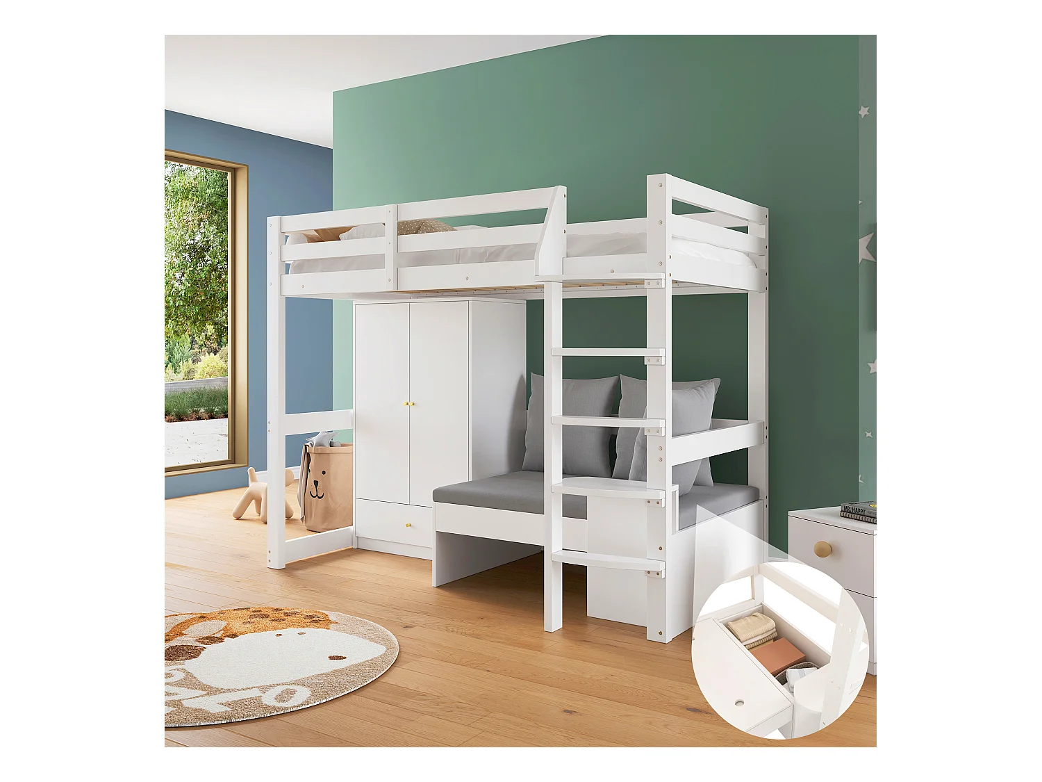Lit mezzanine enfant 90×200 cm blanc, bois massif, avec échelle, armoire, canapé rangement et étagère murale