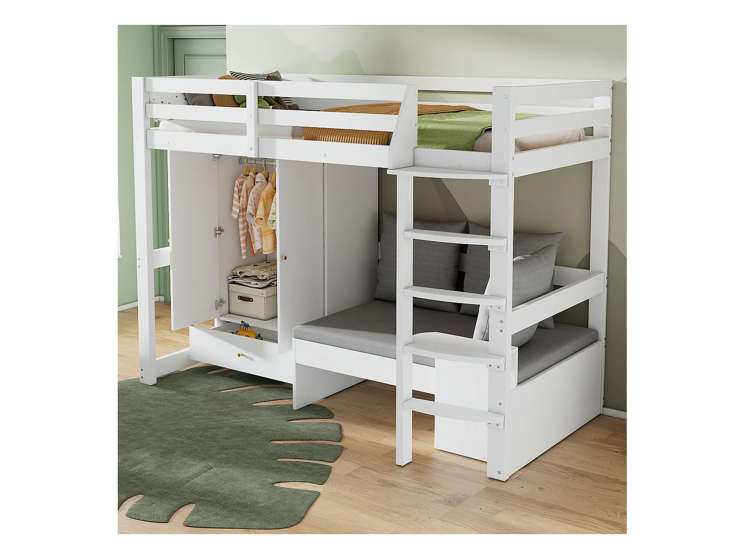 Lit mezzanine enfant 90×200 cm blanc, bois massif, avec échelle, armoire, canapé rangement et étagère murale