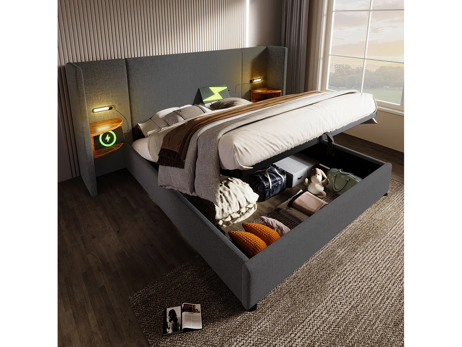 Lit tapissé 160x200 cm double, avec chevet, lampe lecture, USB-C, rangement, cadre bois et métal, tissu lin gris (Avec matelas)