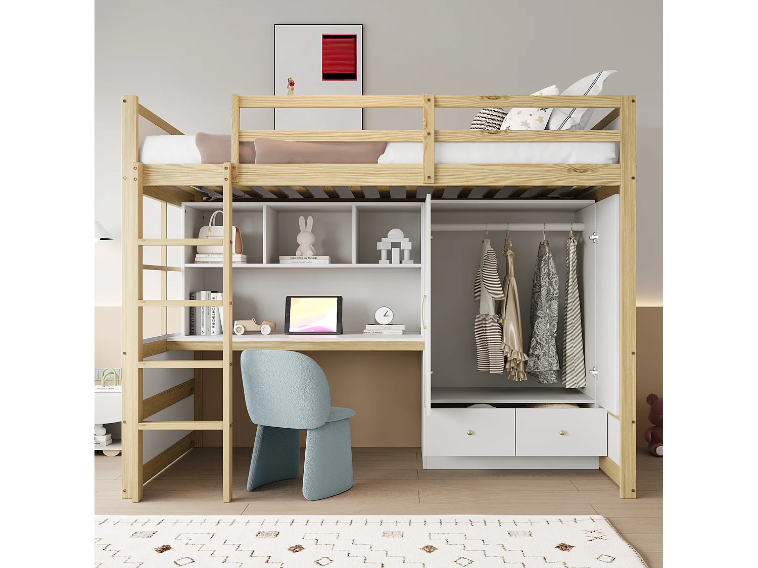 Lit mezzanine 90x200 cm bois naturel, avec bureau, armoire et tiroirs, lit enfant et adolescent pratique