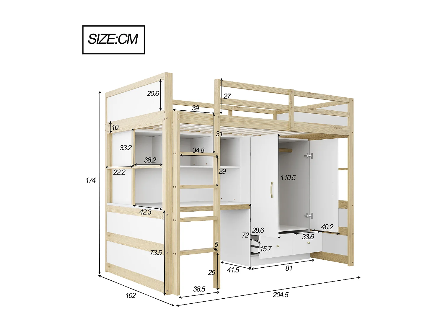 Lit mezzanine 90x200 cm bois naturel, avec bureau, armoire et tiroirs, lit enfant et adolescent pratique