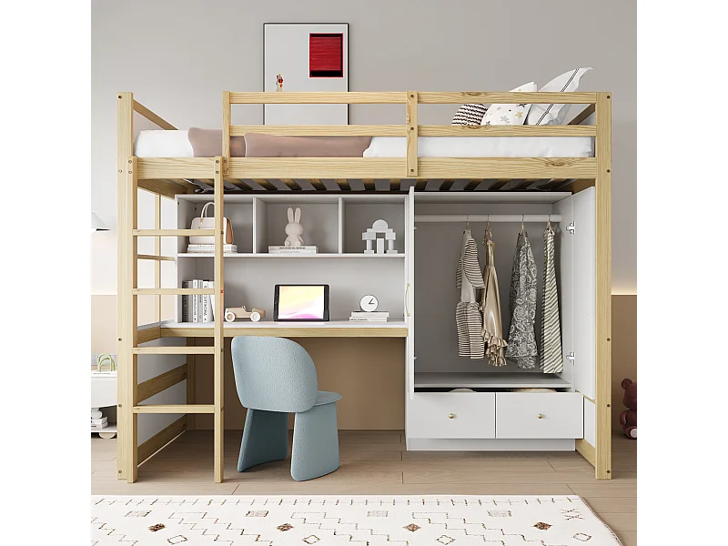 Lit mezzanine 90x200 cm bois naturel, avec bureau, armoire et tiroirs, lit enfant et adolescent pratique