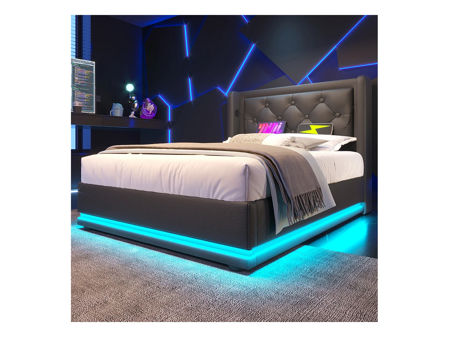 Lit tapissé 90x200 cm simple, LED 3 côtés, USB-C, hydraulique, tête rembourrée, PU noir (Avec matelas)