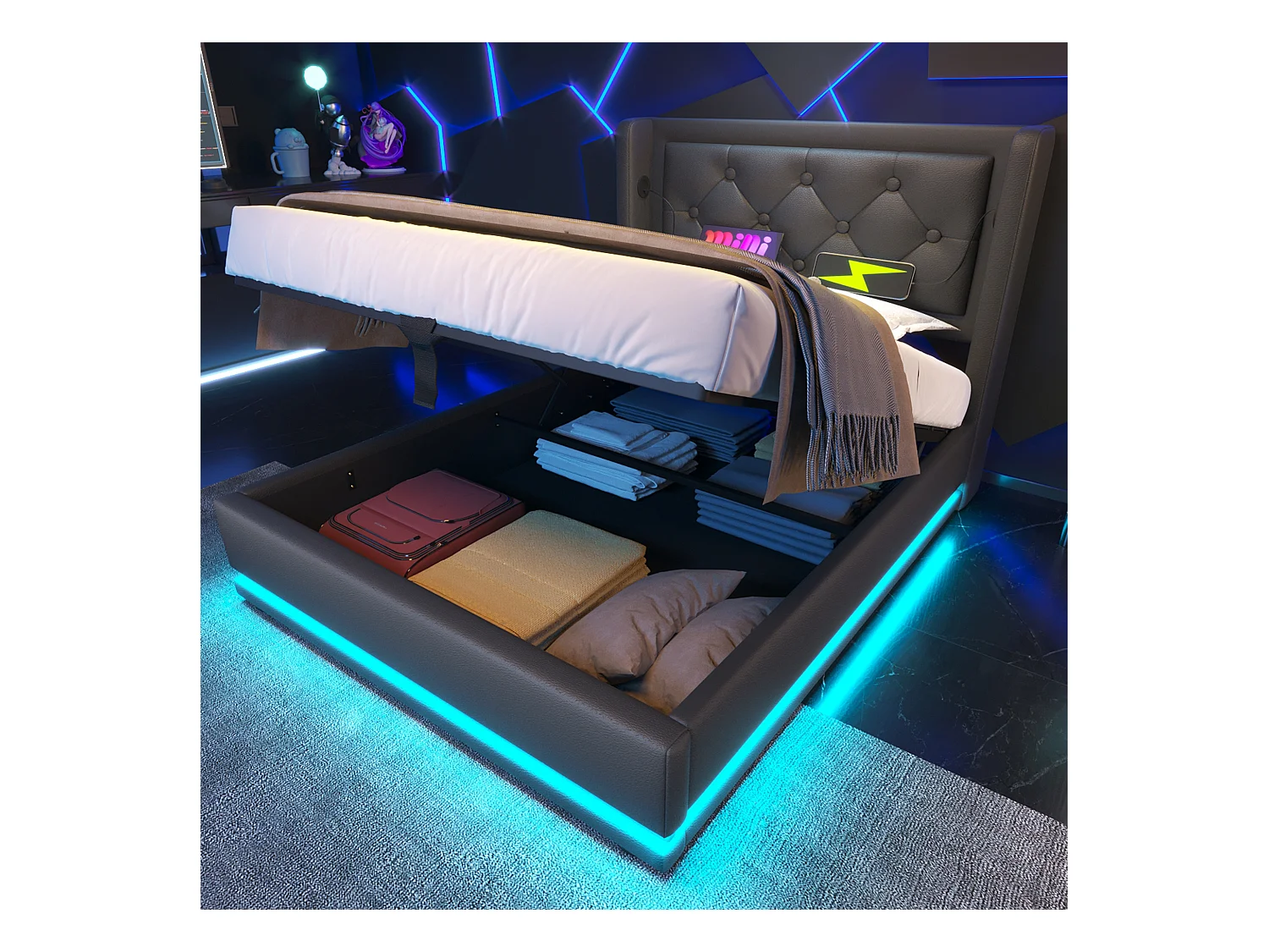 Lit tapissé 90x200 cm simple, LED 3 côtés, USB-C, hydraulique, tête rembourrée, PU noir (Avec matelas)