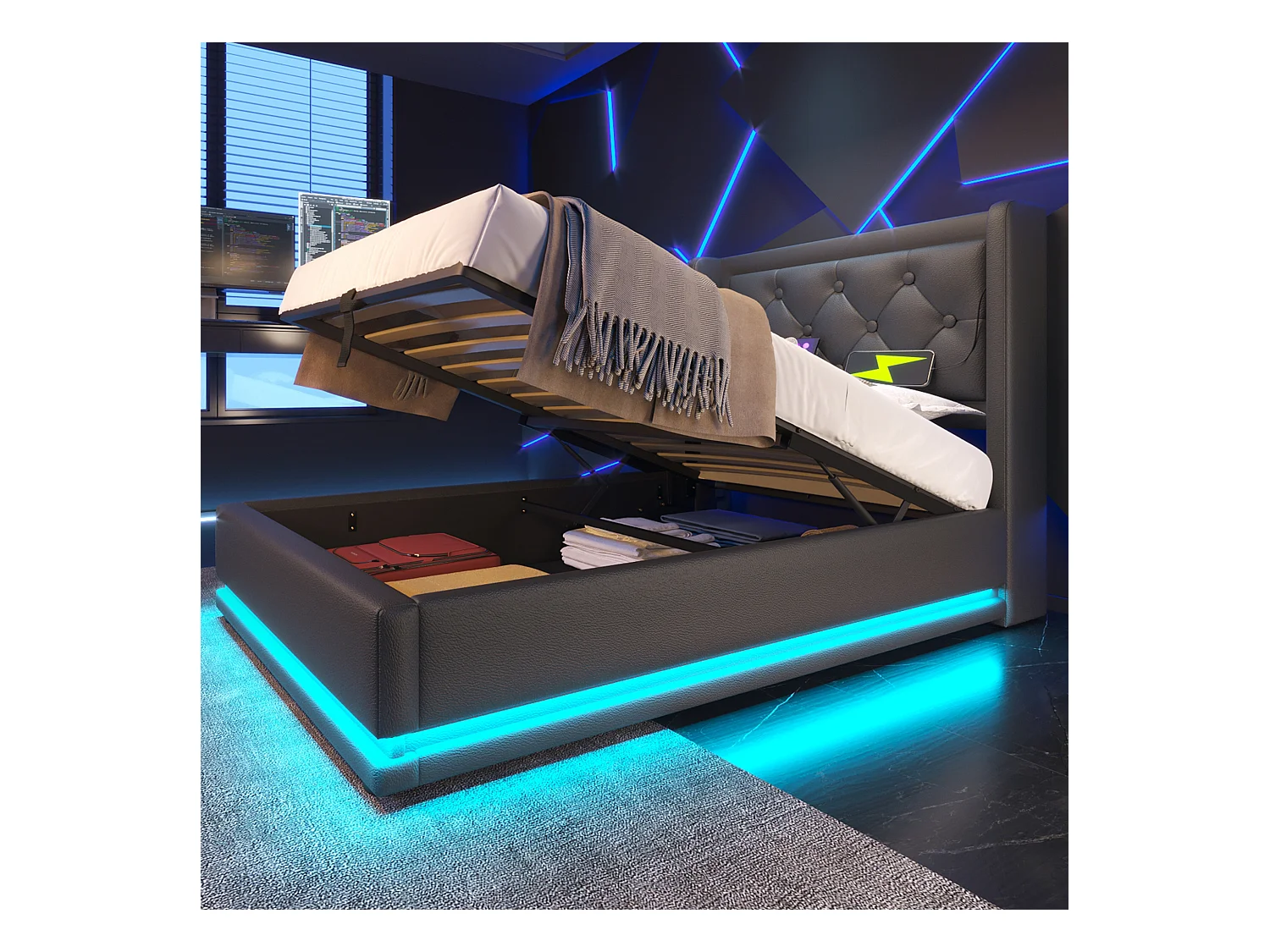 Lit tapissé 90x200 cm simple, LED 3 côtés, USB-C, hydraulique, tête rembourrée, PU noir (Avec matelas)