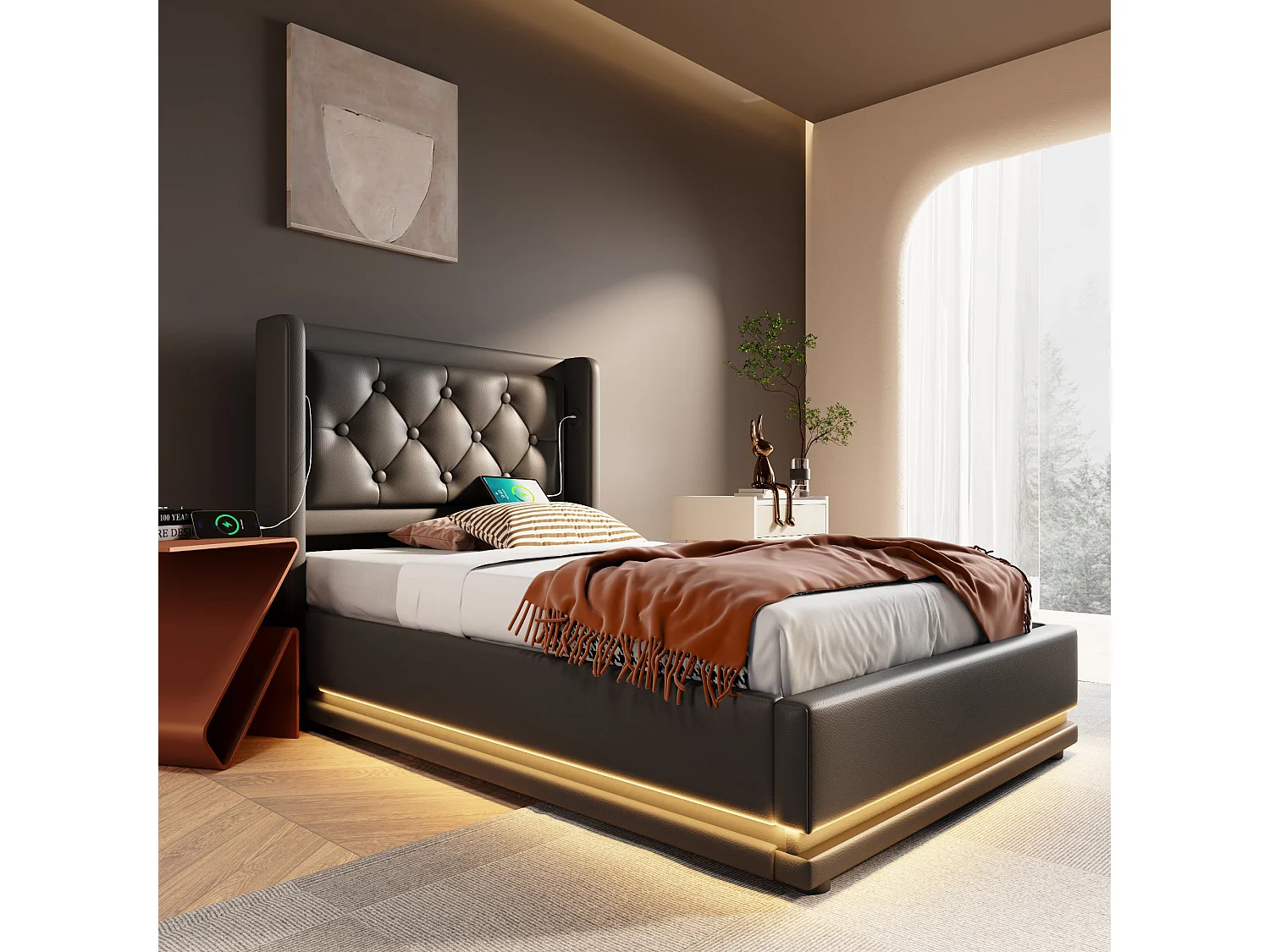 Lit tapissé 90x200 cm simple, LED 3 côtés, USB-C, hydraulique, tête rembourrée, PU noir (Avec matelas)