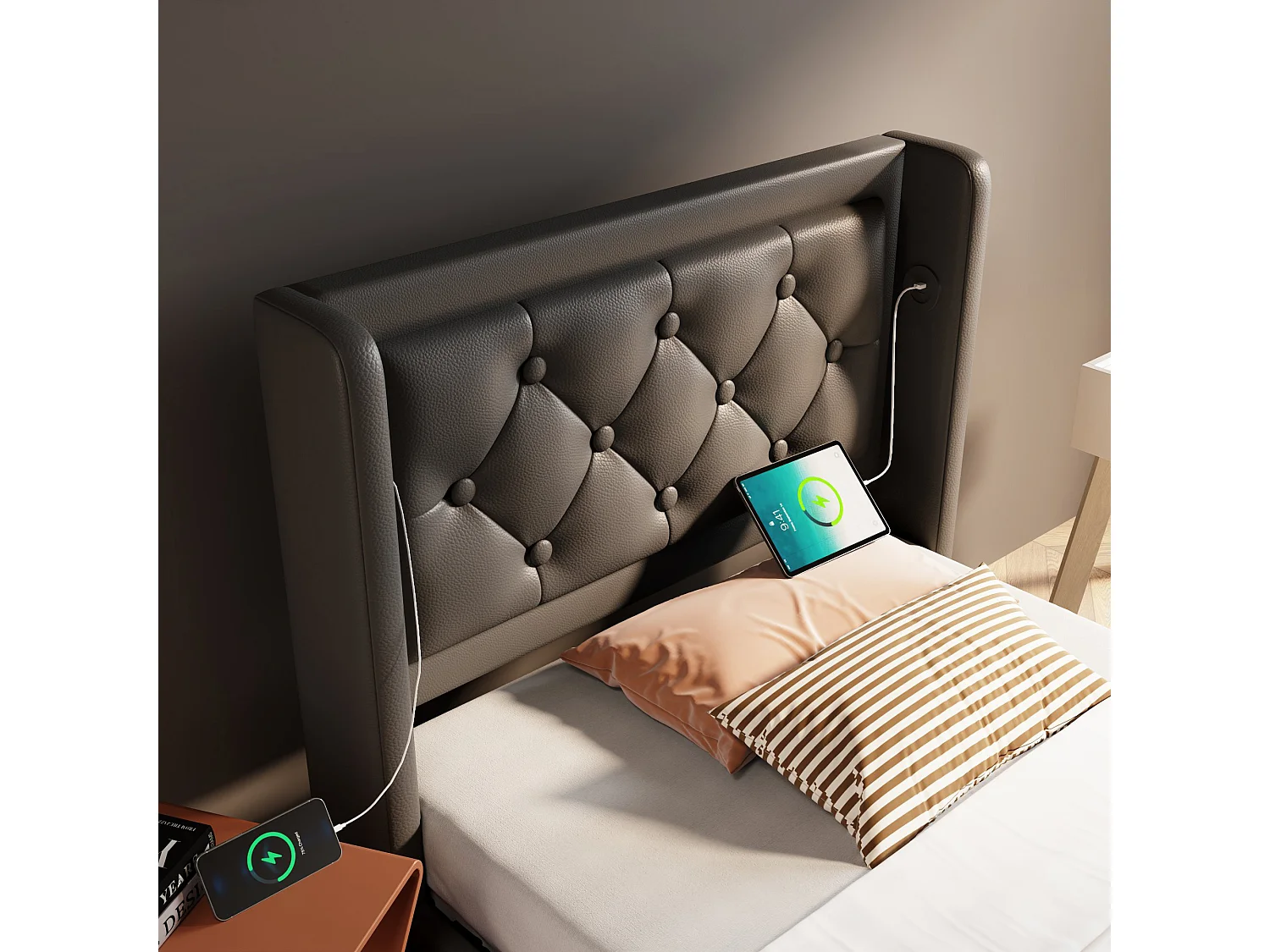 Lit tapissé 90x200 cm simple, LED 3 côtés, USB-C, hydraulique, tête rembourrée, PU noir (Avec matelas)