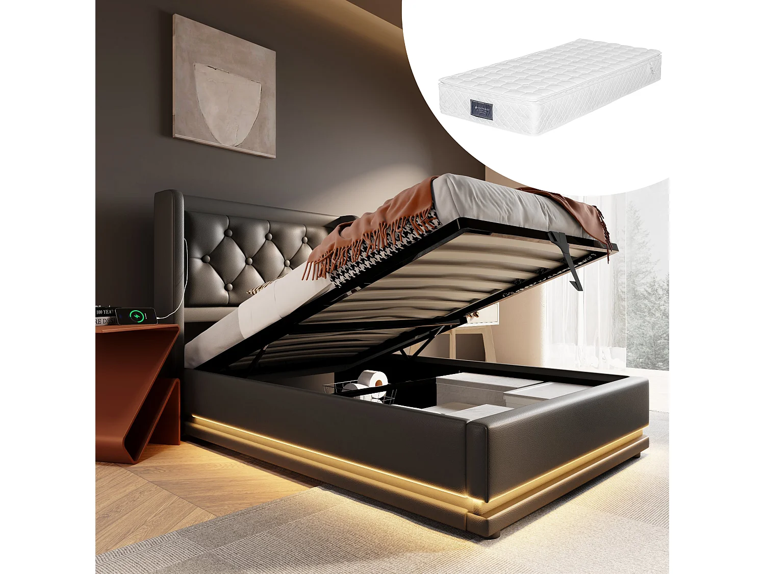 Lit tapissé 90x200 cm simple, LED 3 côtés, USB-C, hydraulique, tête rembourrée, PU noir (Avec matelas)