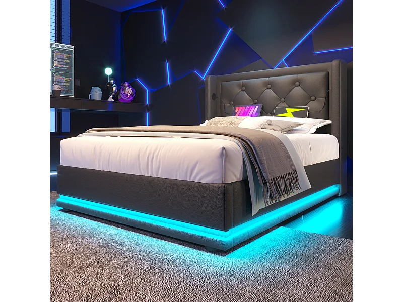 Lit tapissé 90x200 cm simple, LED 3 côtés, USB-C, hydraulique, tête rembourrée, PU noir (Avec matelas)