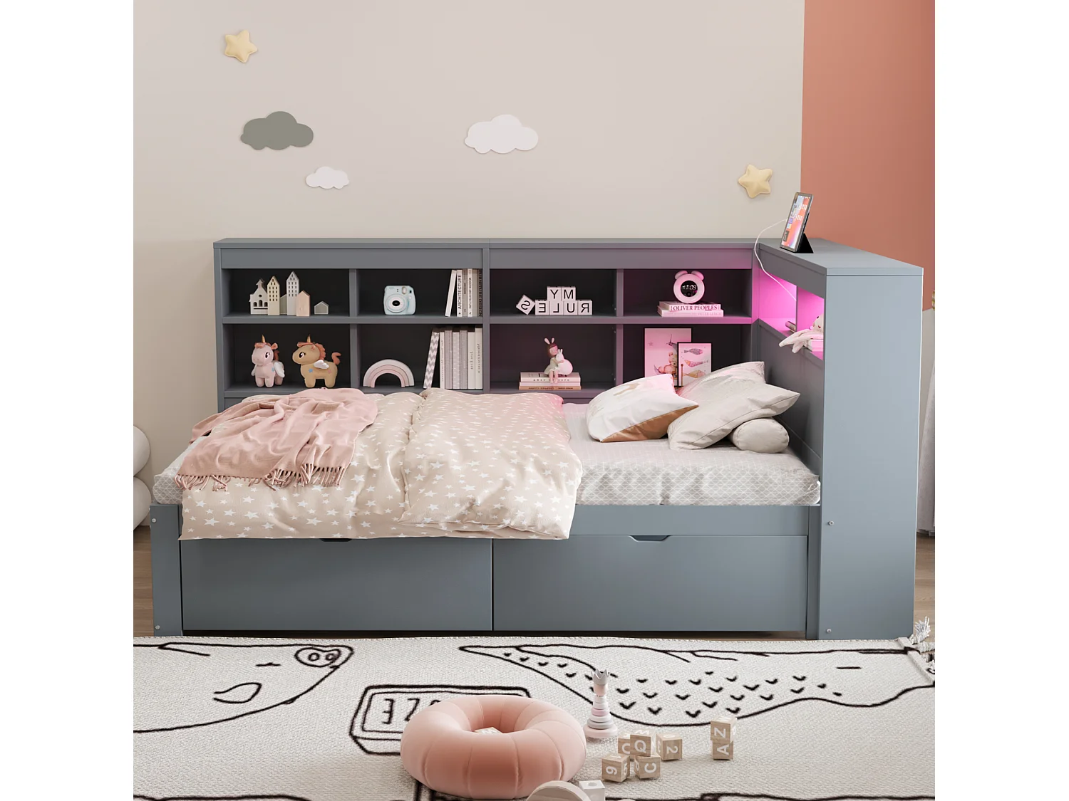 Lit canapé 90x200 cm en bois massif, avec étagères, LED, USB, prises et rangement, multifonction, gris