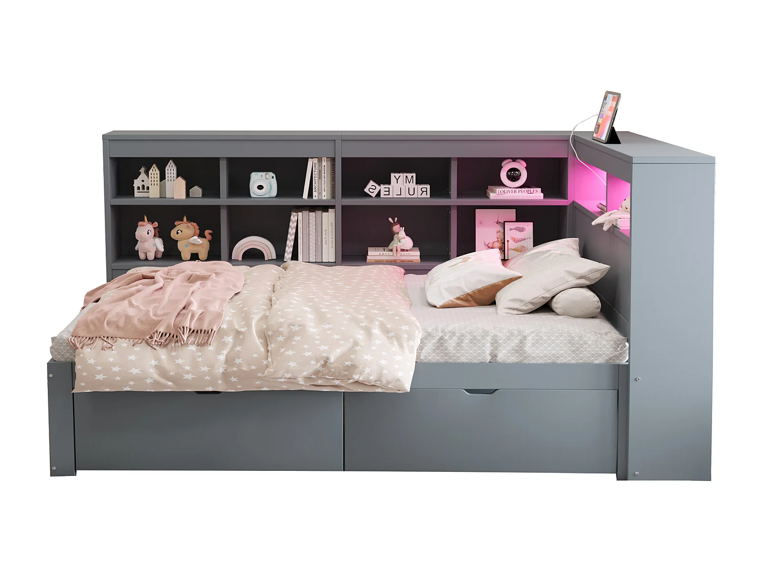 Lit canapé 90x200 cm en bois massif, avec étagères, LED, USB, prises et rangement, multifonction, gris